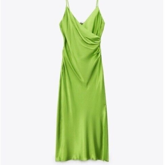 Zara Dresses & Skirts - NWOT Zara Satin Midi Dress in Lime Green Size M